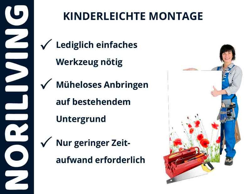 Person mit Werkzeugkasten zeigt eine einfache Montageanleitung für Wanddekoration von NORILIVING mit Blumenmotiv.