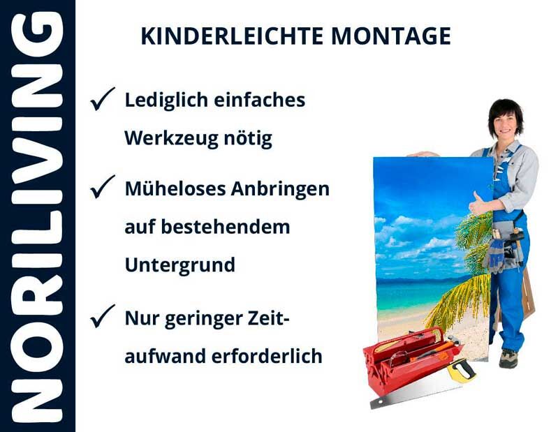 Plakat von Norliving mit Person, die ein Bild hält. Text: 'Kinderleichte Montage - Lediglich einfaches Werkzeug nötig, Müheloses Anbringen auf bestehendem Untergrund, Nur geringer Zeitaufwand erforderlich.'