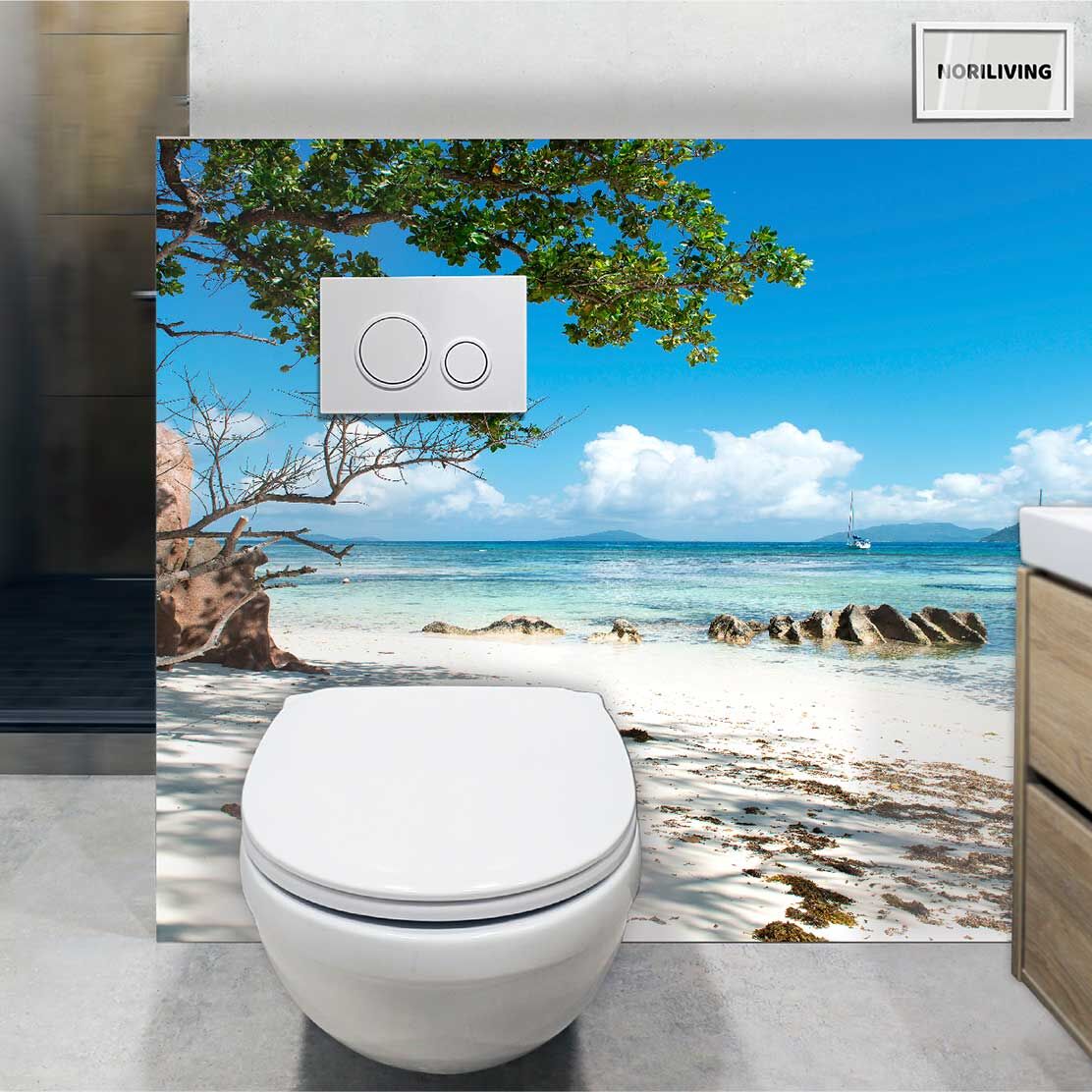 im WC eingebaute Toilettenrückwand mit Motiv Am Strand 111