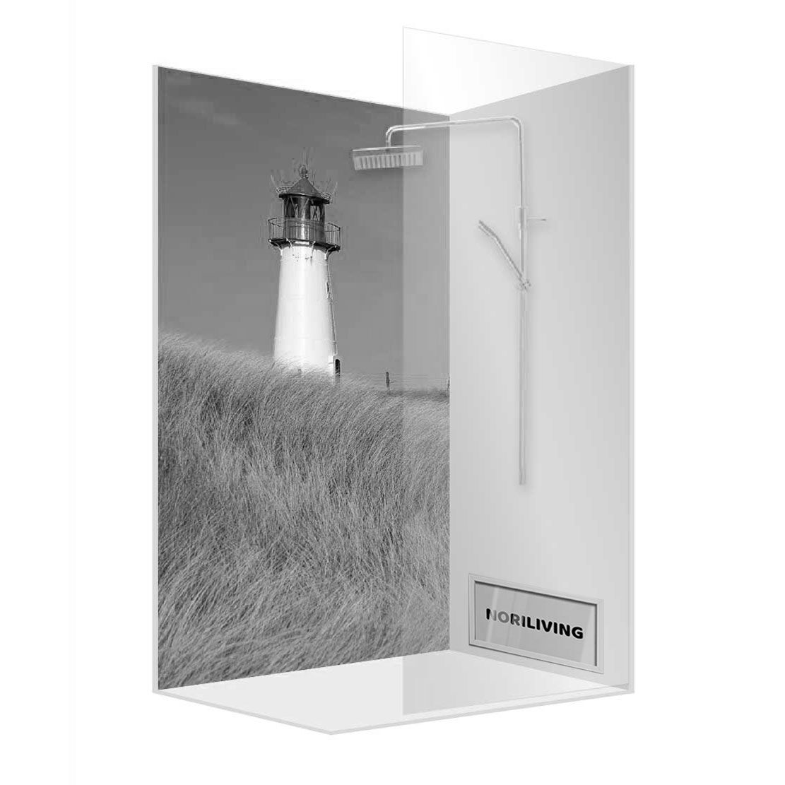 Abbildung einer Einzel-Duschrückwand mit Motiv Leuchtturm auf Sylt Nordsee 080 schwarz-weiß