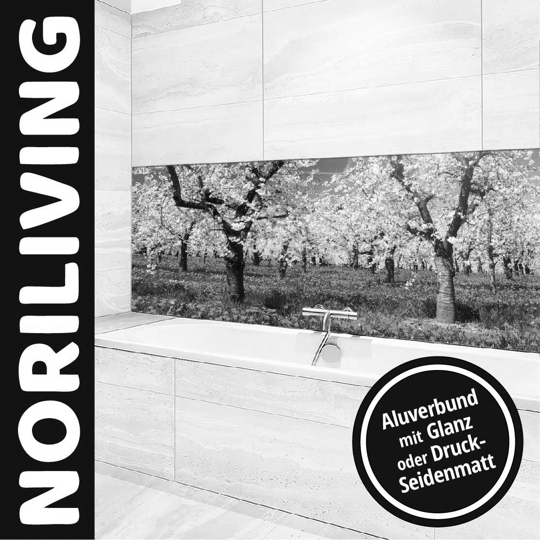 Ansicht des Badrückwand-Motivs Apfelbaumplantage in Blüte 851 schwarz-weiß Unterkante