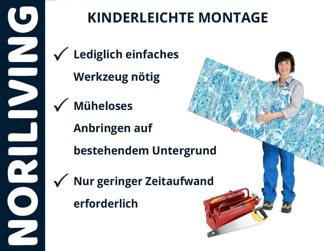 Person hält Platte mit blauer Musterung, Werkzeuge daneben, Text erklärt leichte Montage mit wenigen Werkzeugen und geringem Zeitaufwand