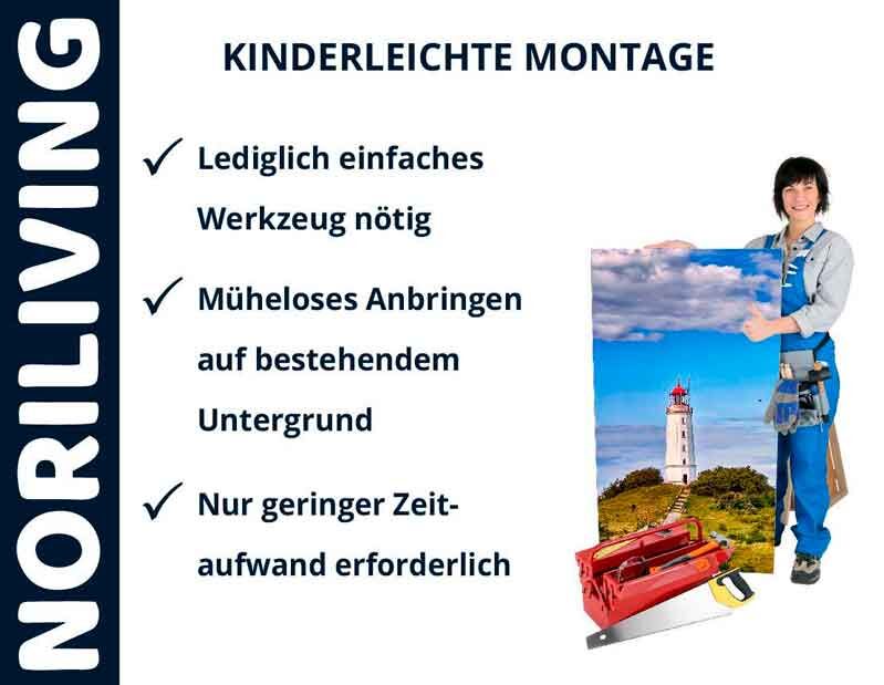 Montageanleitung von Noriliving: Lediglich einfaches Werkzeug nötig, müheloses Anbringen auf bestehendem Untergrund, geringer Zeitaufwand erforderlich. Bild einer Person mit einem Bild eines Leuchtturms.