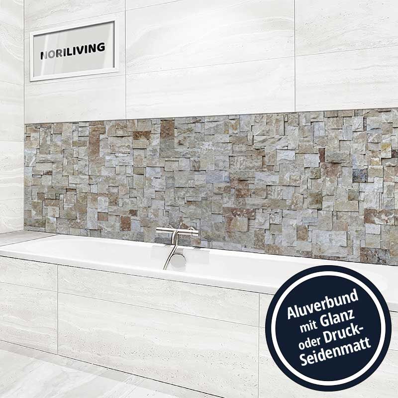 Ansicht des Badrückwand-Motivs Steinwand Mosaik hellbeige 209 Höhe zentriert