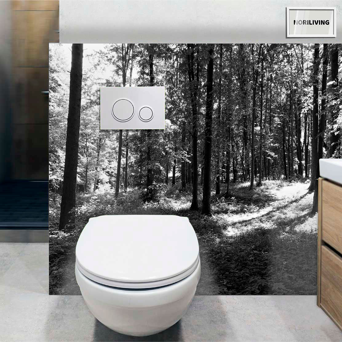 im WC eingebaute Toilettenrückwand mit Motiv Im Wald 405 schwarz-weiß
