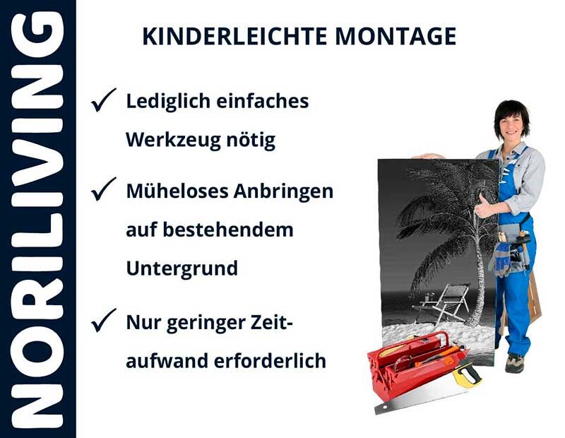 Noriliving Produktpräsentation für kinderleichte Montage: Werkzeug, einfaches Anbringen und geringer Zeitaufwand hervorgehoben