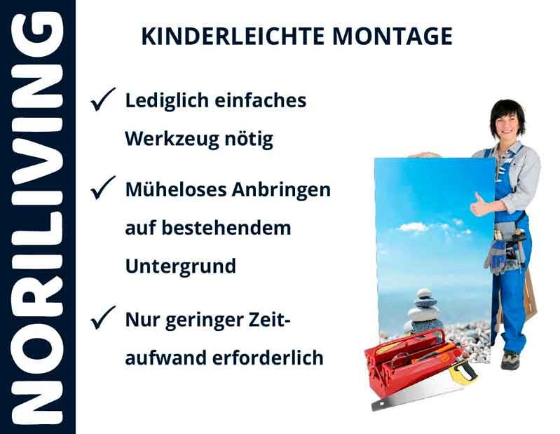 Frau präsentiert Bild mit kinderleichter Montage und einfachem Werkzeug. Drei Punkte: Lediglich einfaches Werkzeug nötig, müheloses Anbringen, geringer Zeitaufwand.
