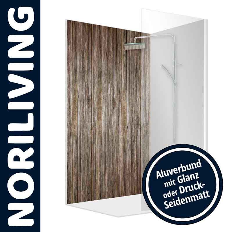 Duschwand von NORILIVING mit authentischer Holzoptik und robustem Aluverbund, erhältlich in Glanz oder Druck-Seidenmatt