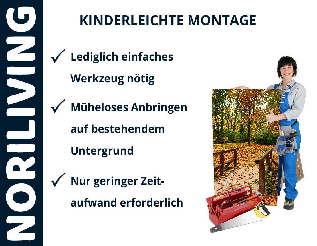 Person zeigt einfache Montage eines Bildes mit herbstlichem Waldmotiv, minimaler Werkzeugbedarf hervorgehoben – NORILIVING