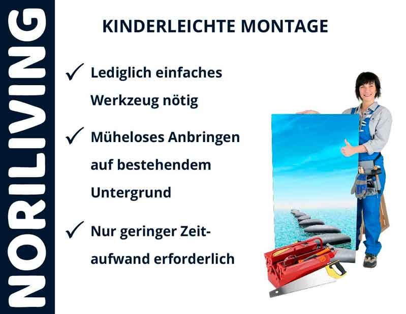 Montageinformationen von Noriliving: einfache Werkzeuge, müheloses Anbringen, geringer Zeitaufwand. Handwerker mit Bild und Werkzeug.