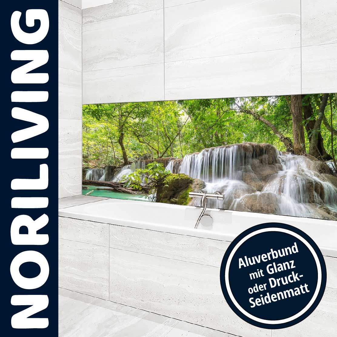 Ansicht des Badrückwand-Motivs Wasserfall im Wald 221 Oberkante