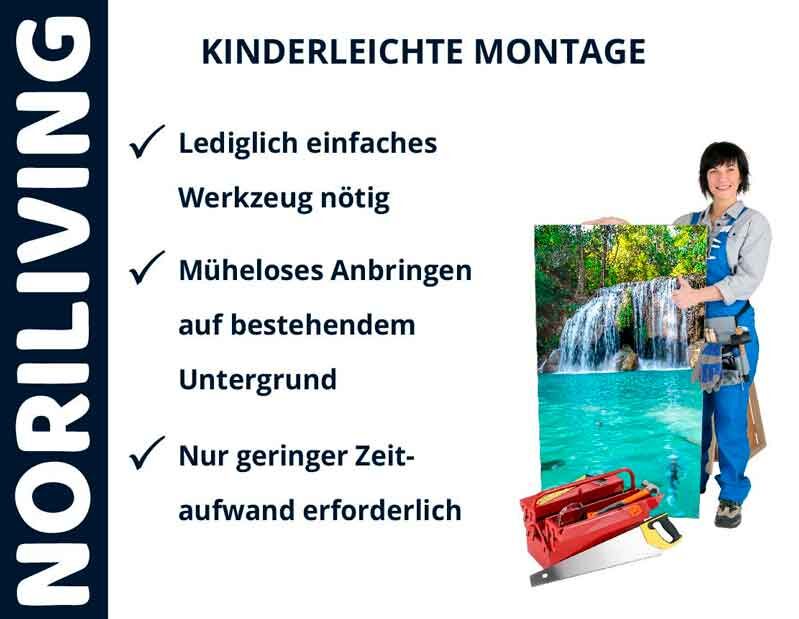 Malerin mit einem Bild eines Wasserfalls in der Hand, daneben Hinweise zur einfachen Montage von Norliving-Produkten: Einfaches Werkzeug, müheloses Anbringen, geringer Zeitaufwand.