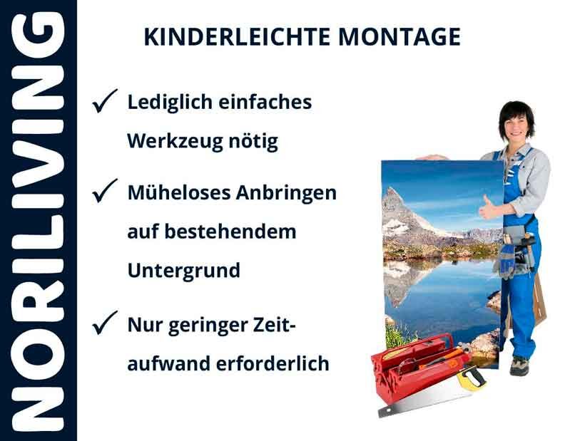 Person mit Bild, das eine kinderleichte Montage von Noriliving-Produkten zeigt. Text beschreibt einfache Montage, wenig Zeitaufwand und benötigtes Werkzeug.