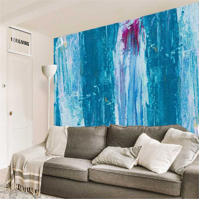 im Wohnzimmer eingebaute Wohnzimmerrückwand mit Motiv Ölfarben-Hintergrund mit blauen Pinselstrichen 422