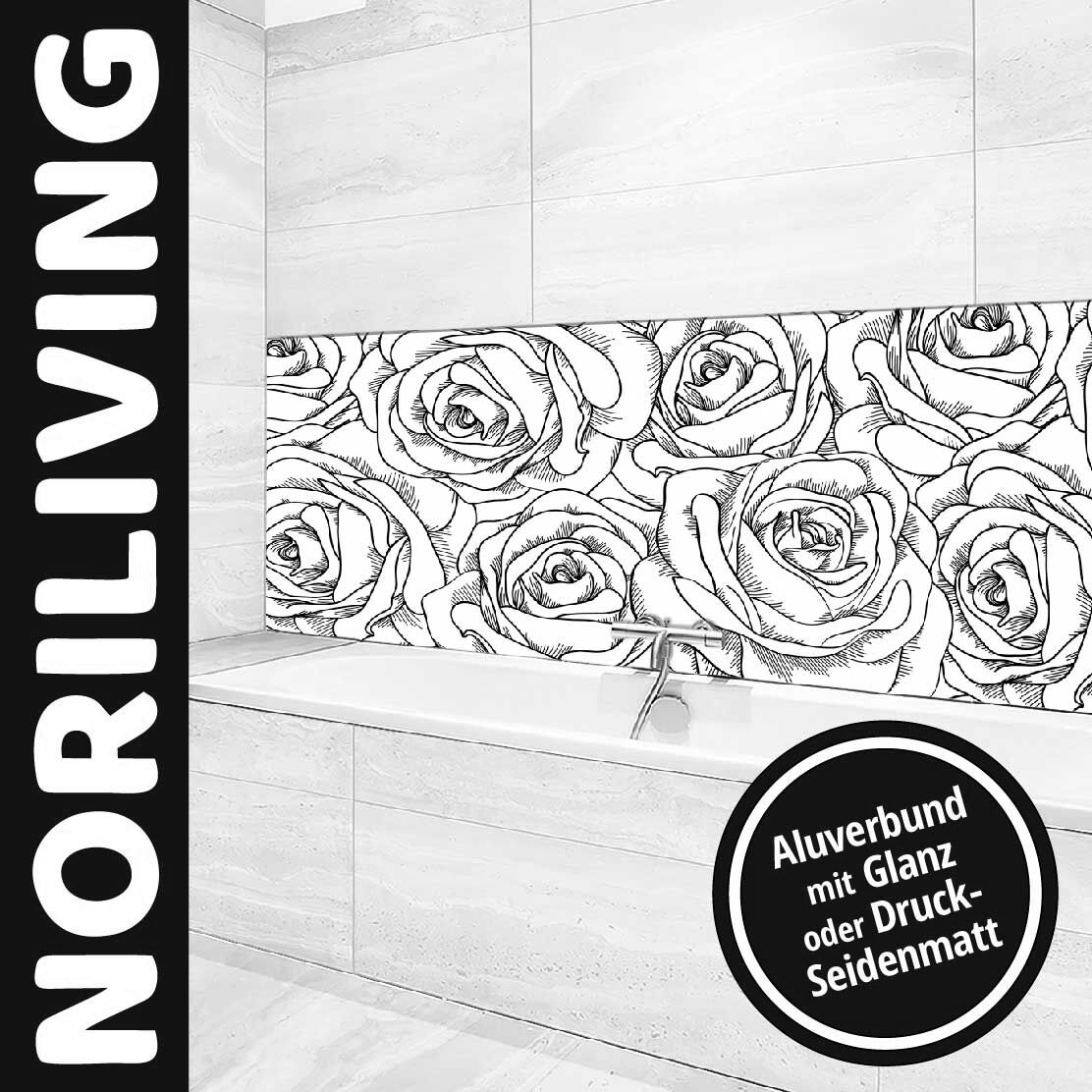 Ansicht des Badrückwand-Motivs Rosen Hand gezeichnet schwarz-weiß Unterkante