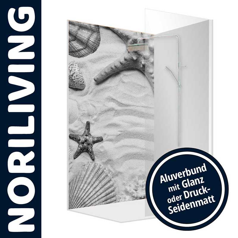 Dekorative Duschwand mit Strandmotiv und Aluverbund in Glanz oder Druck-Seidenmatt von NORILIVING