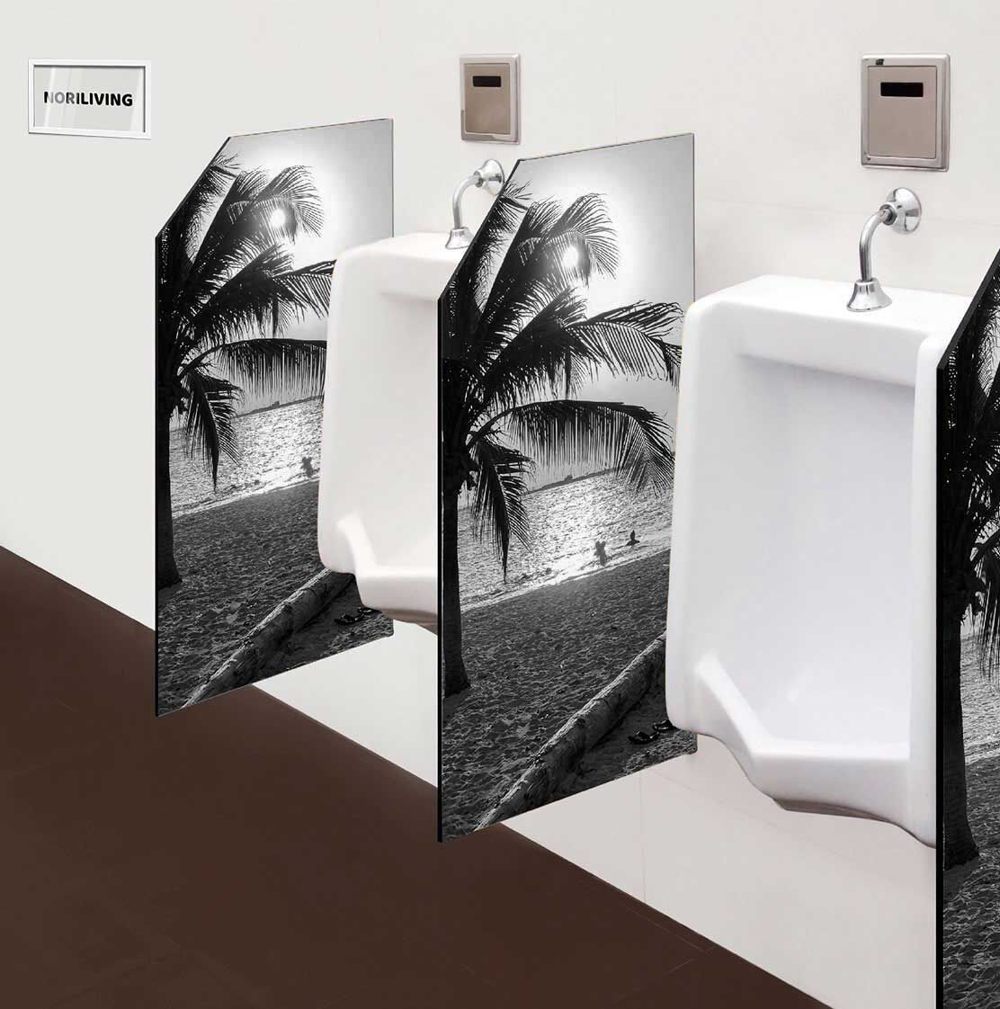 in der Toilette eingebaute Schamwand mit Motiv Karibische Palme bei Sonnenuntergang in Aruba 341 schwarz-weiß