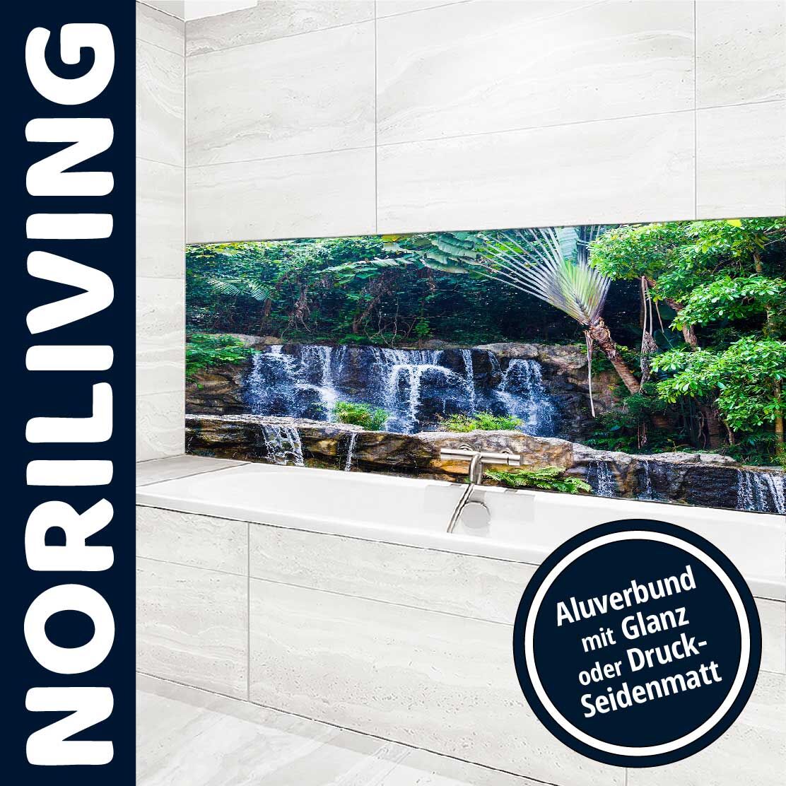 Moderne Badezimmergestaltung mit Aluverbund-Verkleidung und Natur-Wasserfall-Druck im Hintergrund, angeboten von Noriliving.