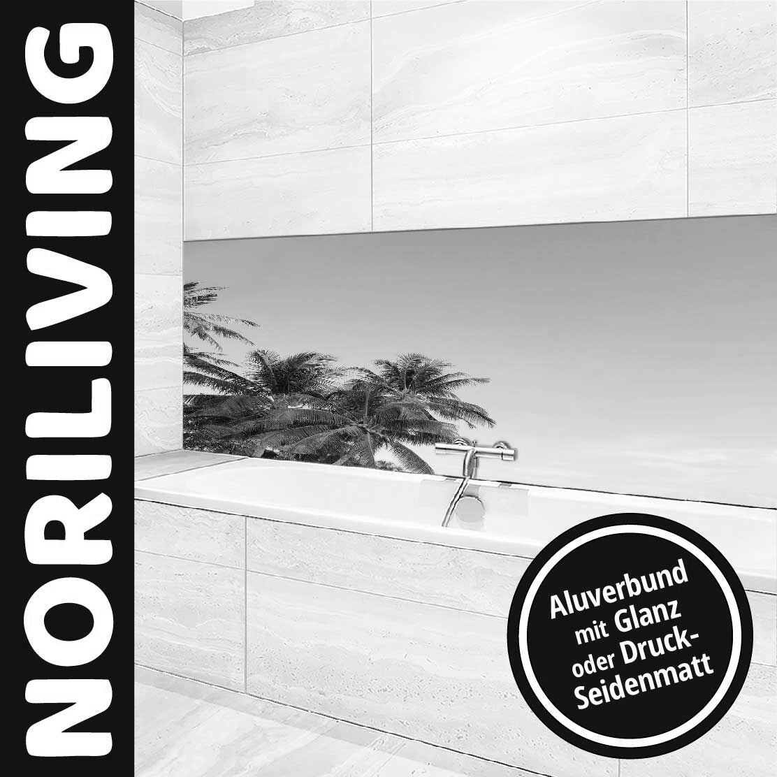 Hochwertige Badezimmerwandverkleidung von NORILIVING mit tropischem Palmenmotiv und Auswahl zwischen Glanz oder Seidenmatt, perfekt für modernes Badezimmerdesign
