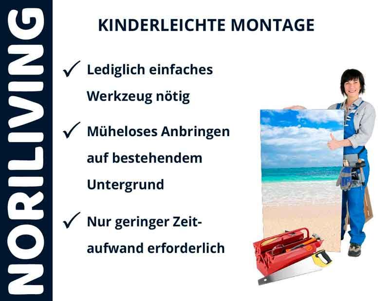 Werbebild von Noriliving mit Person, die eine Tapete und Werkzeuge präsentiert. Kinderleichte Montage, müheloses Anbringen und einfacher Werkzeugbedarf werden hervorgehoben.