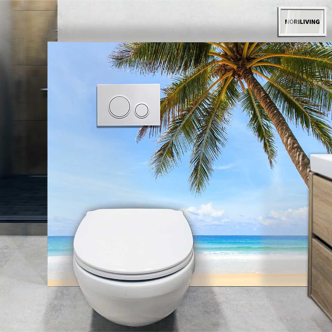 im WC eingebaute Toilettenrückwand mit Motiv schöner Strand und tropisches Meer mit Palme 433