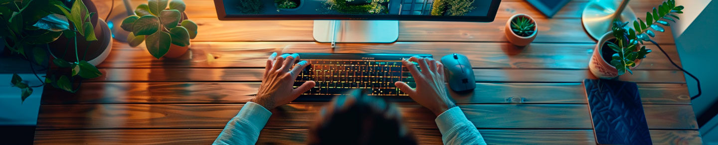 Moderne Arbeitsplatzgestaltung mit Pflanzen und Beleuchtung Ergonomischer Arbeitsplatz mit beleuchteter Tastatur, Monitor und Topfpflanzen auf einem Holzschreibtisch