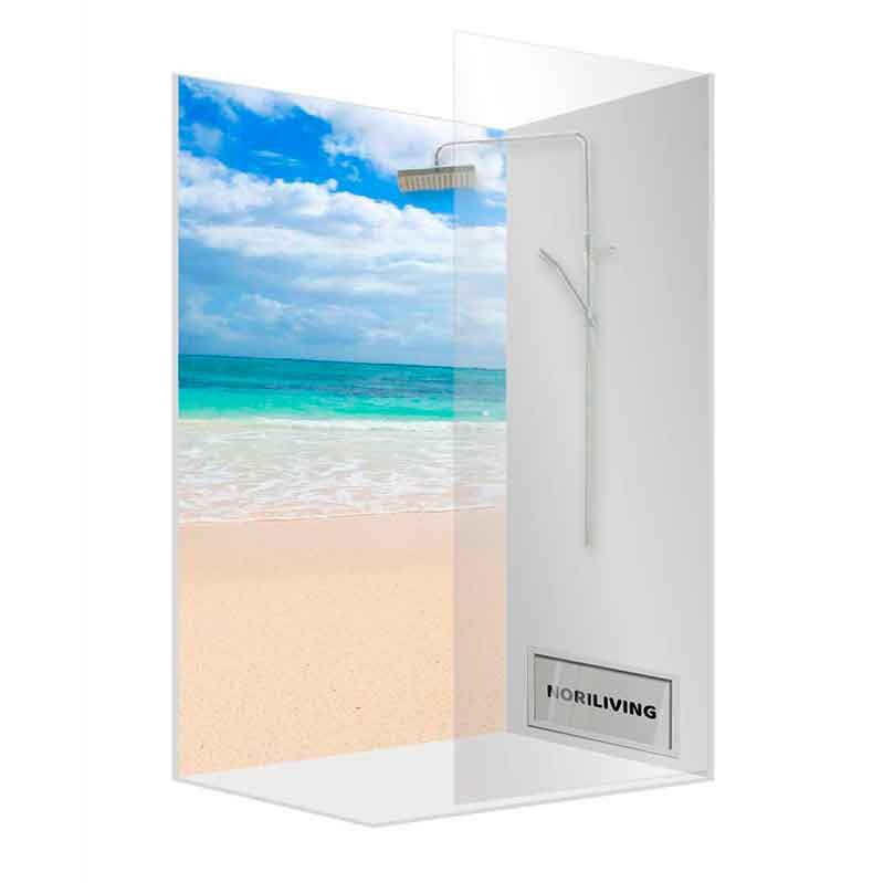 Duschkabine mit transparenten Wänden und Strandbild im Hintergrund