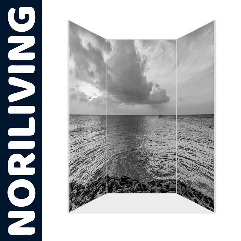 Paravent von NORILIVING mit dreiteiligem Meeresmotiv in Schwarz-Weiß, ideal für elegante Raumgestaltung