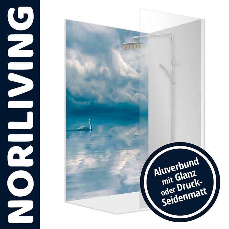 Decorative Duschrückwand mit Wolken und Schwanenmotiv aus Aluverbund in glänzend oder seidenmatt