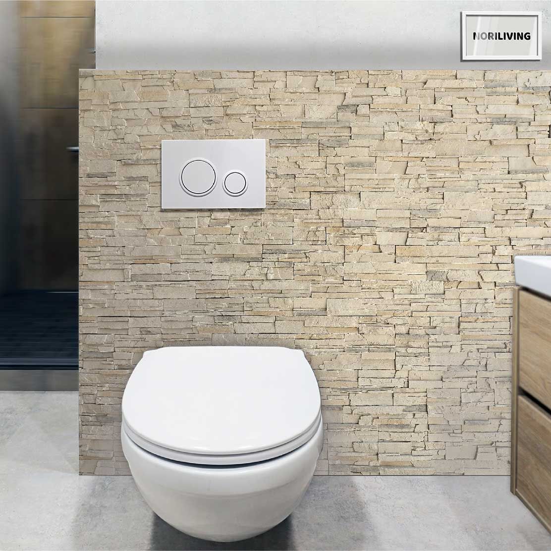 im WC eingebaute Toilettenrückwand mit Motiv Steinwand beige 327