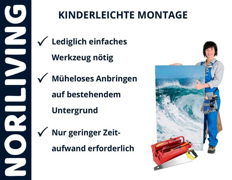 Person mit Bild und Werkzeugen, neben Text über einfache Montage mit Norliving