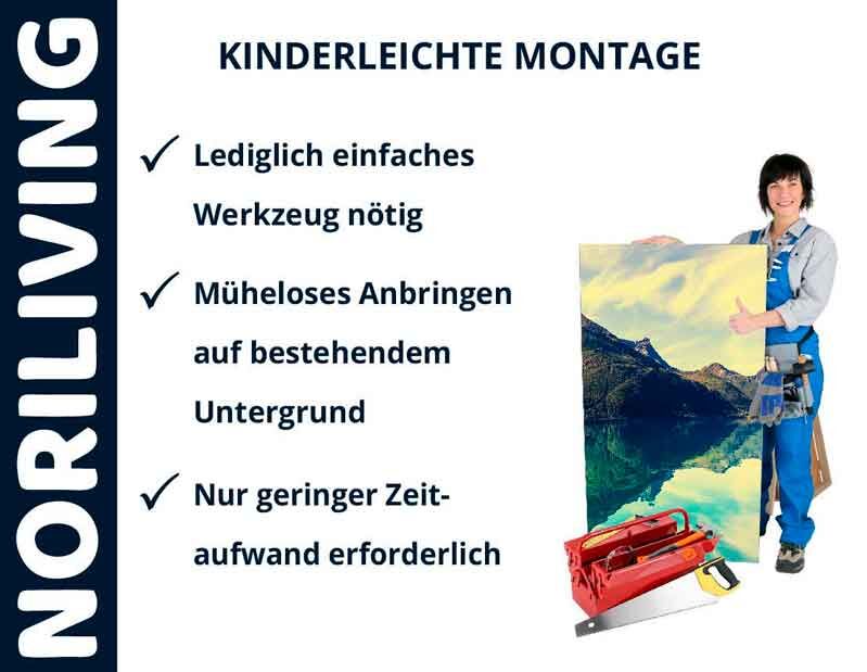 Frau zeigt kinderleichte Montage von Noriliving-Wandpaneelen mit einfachem Werkzeug. Müheloses Anbringen und geringer Zeitaufwand erforderlich.