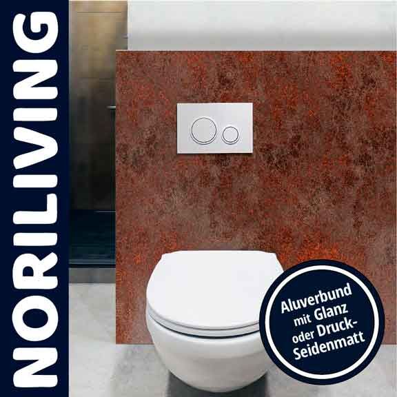 Moderne Toilette von Noriliving mit stilvollem Aluverbund in Glanz oder Druck-Seidenmatt vor rustikalem Hintergrund