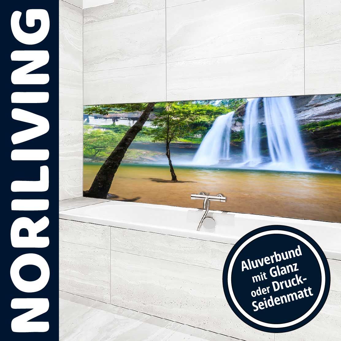 Badezimmer mit Aluverbund-Verkleidung in Glanz oder Seidenmatt, dekoriert mit einem Wasserfallbild von Noriliving