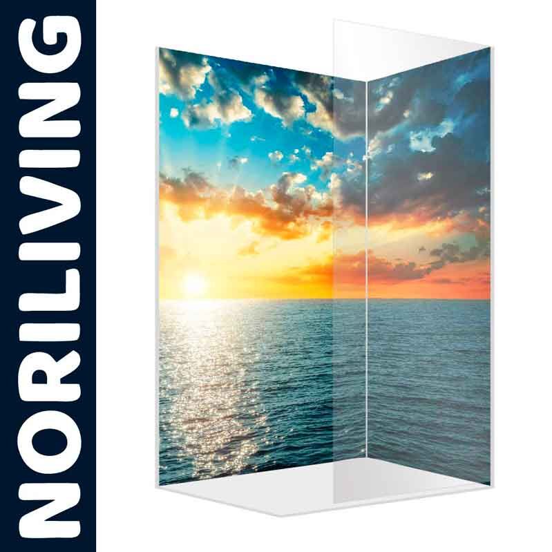 Glas-Duschabtrennung mit lebendigem Sonnenuntergang über dem Meer, Noriliving