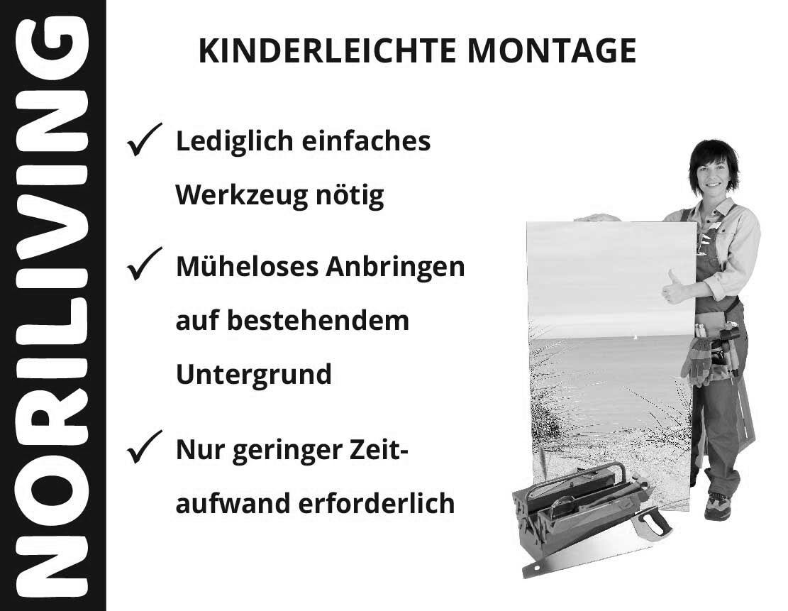 Handwerkerin präsentiert einfache Montageanleitung mit minimalem Werkzeugbedarf und geringem Zeitaufwand auf bestehendem Untergrund.