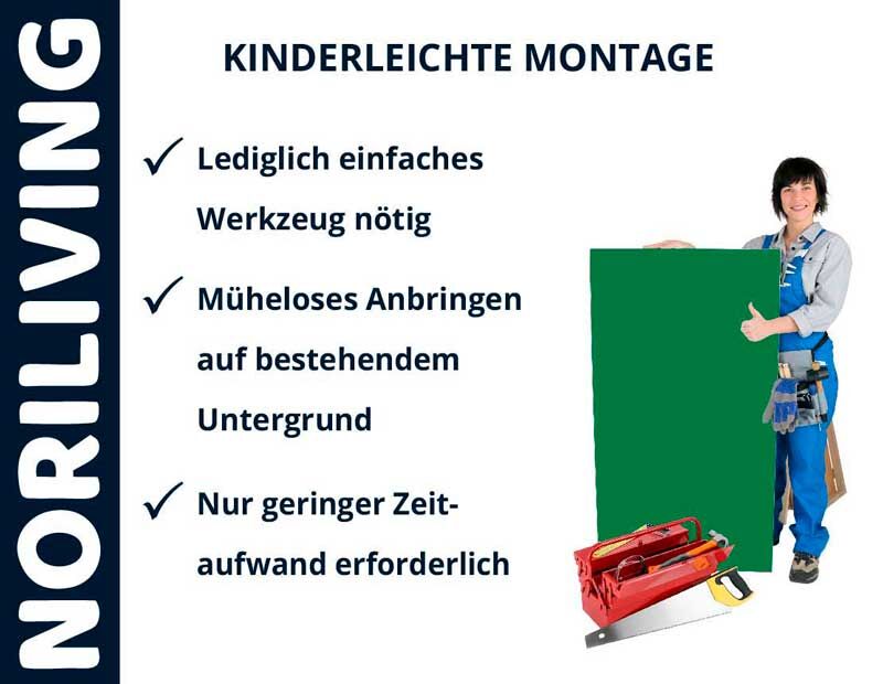 Werbung von Noriliving, die kinderleichte Montage mit einfachem Werkzeug, müheloses Anbringen und geringen Zeitaufwand verspricht. Person in Arbeitskleidung hält ein grünes Brett.