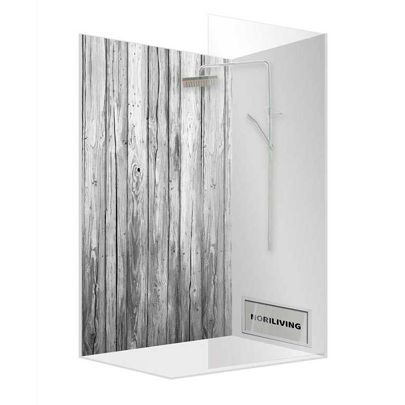 Duschkabine mit Glaswänden und Holzoptik auf der Rückwand