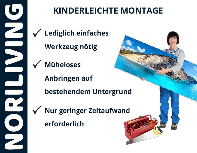 Frau hält großes Landschaftsbild mit der Aufschrift: Noriliving - kinderleichte Montage mit einfachem Werkzeug, müheloses Anbringen, geringer Zeitaufwand.