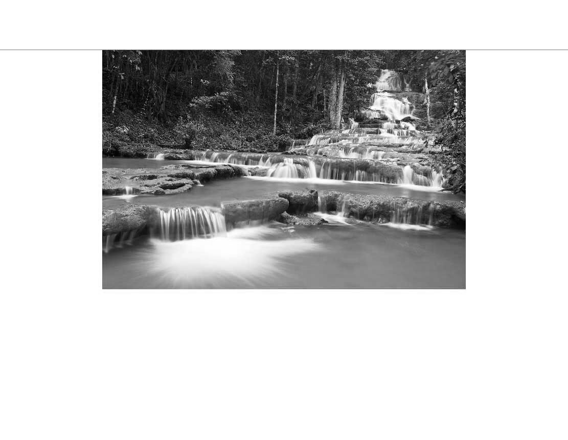 Ein stufenförmiger Wasserfall, der durch ein dicht bewaldetes Gebiet fließt, in Schwarz-Weiß-Fotografie. Das Wasser plätschert sanft über die Felsen.