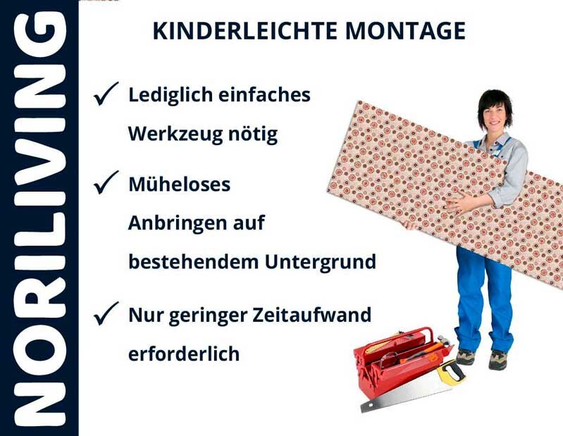 Frau zeigt NORILIVING-Montagevorteile mit minimalem Werkzeug und Aufwand
