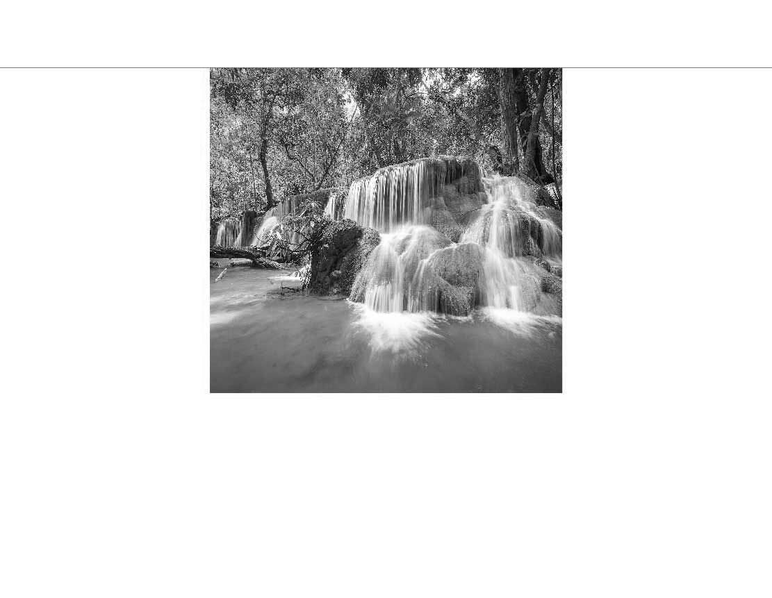 Ein kleiner Wasserfall fließt über Felsen in einem bewaldeten Gebiet, aufgenommen in Schwarz-Weiß.
