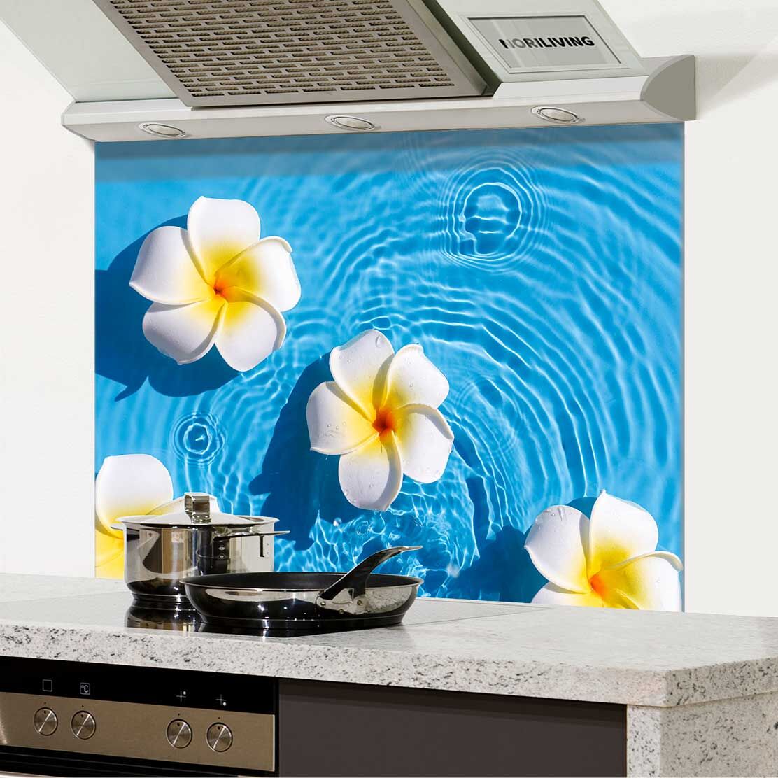in der Küche eingebauter Spritzschutz Küche - Herd mit Motiv tropische Frangipani-Blüten in blauem Wasser 085