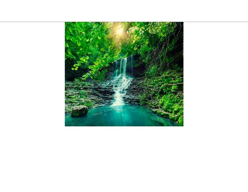Ein malerischer Wasserfall fließt in einen klaren, smaragdgrünen Teich, umgeben von üppiger Vegetation und strahlendem Sonnenschein.