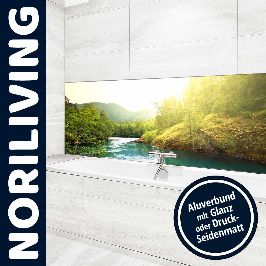 Ansicht des Badrückwand-Motivs Fluss im Wald 367 Oberkante