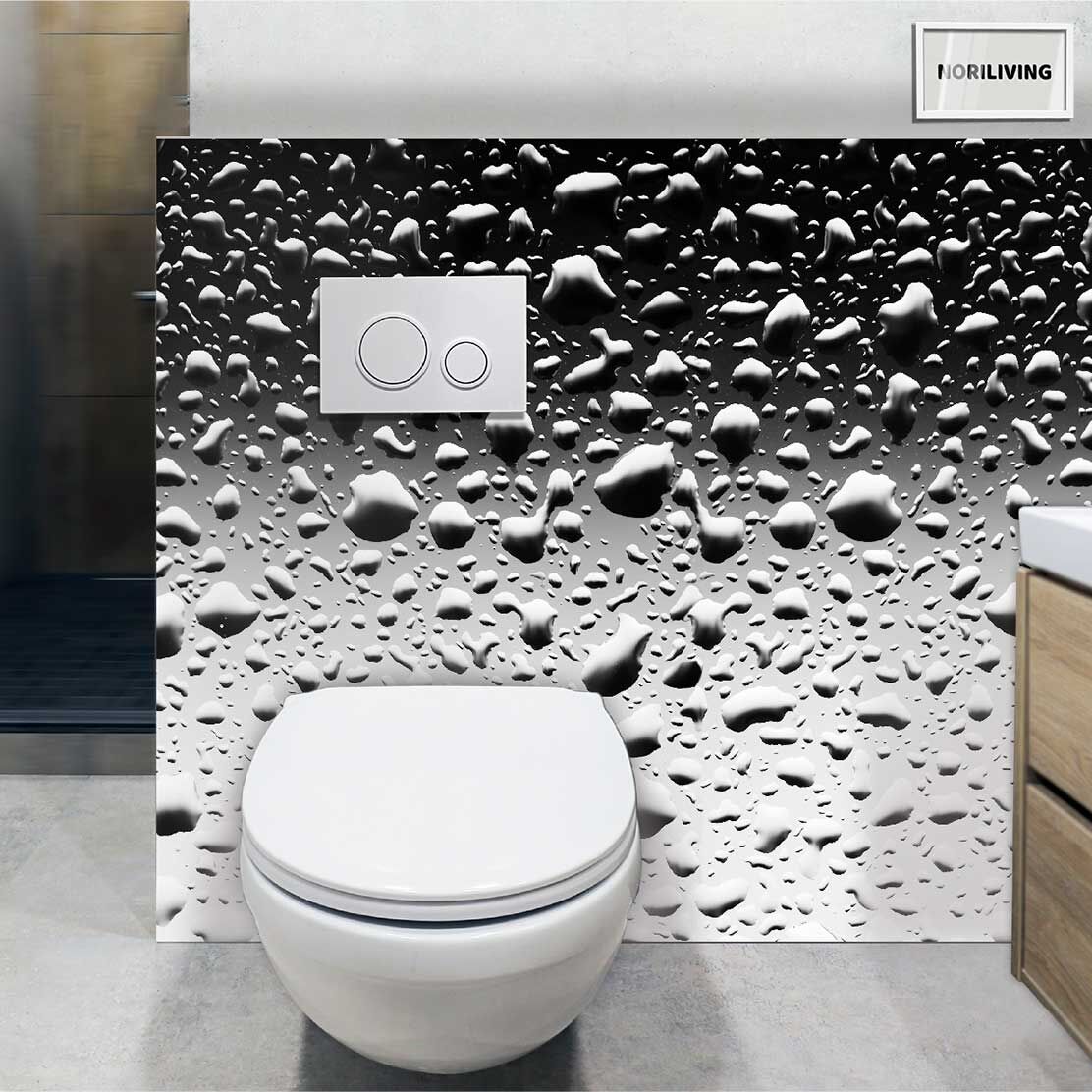 im WC eingebaute Toilettenrückwand mit Motiv Wasser Tropfen monochrom 916