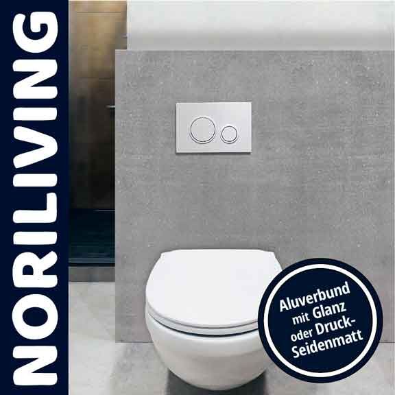 Bild einer Wandtoilette mit Zwei-Knopf-Spülsystem vor einer Betonwand, präsentiert von Noriliving. Text: Aluverbund mit Glanz oder Druck-Seidenmatt.