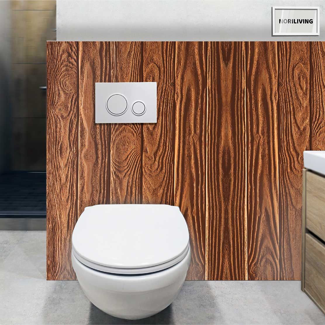 im WC eingebaute Toilettenrückwand mit Motiv Kupferfarbene Holzzaunplanken 793
