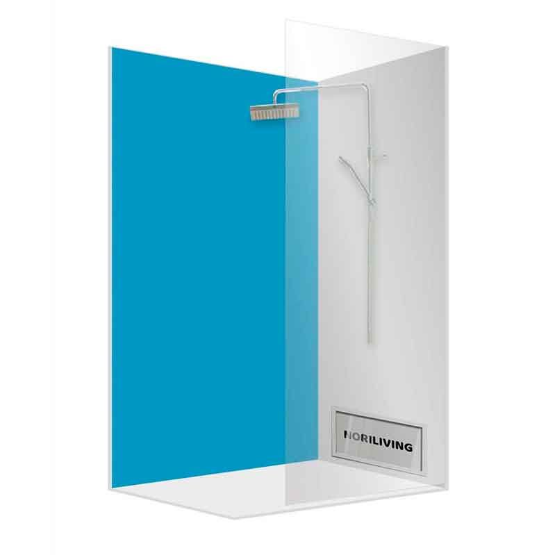 Duschkabine mit blauer Glaswand und Regenduschkopf
