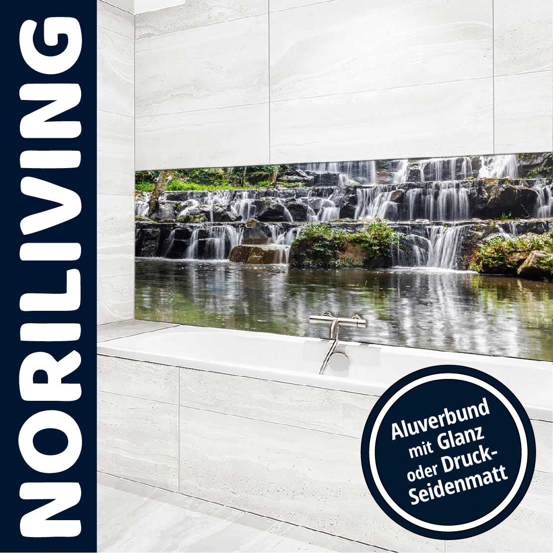 Moderne Badezimmer-Wandverkleidung von Noriliving mit Wasserfall-Motiv, Aluverbund in Glanz oder Druck-Seidenmatt